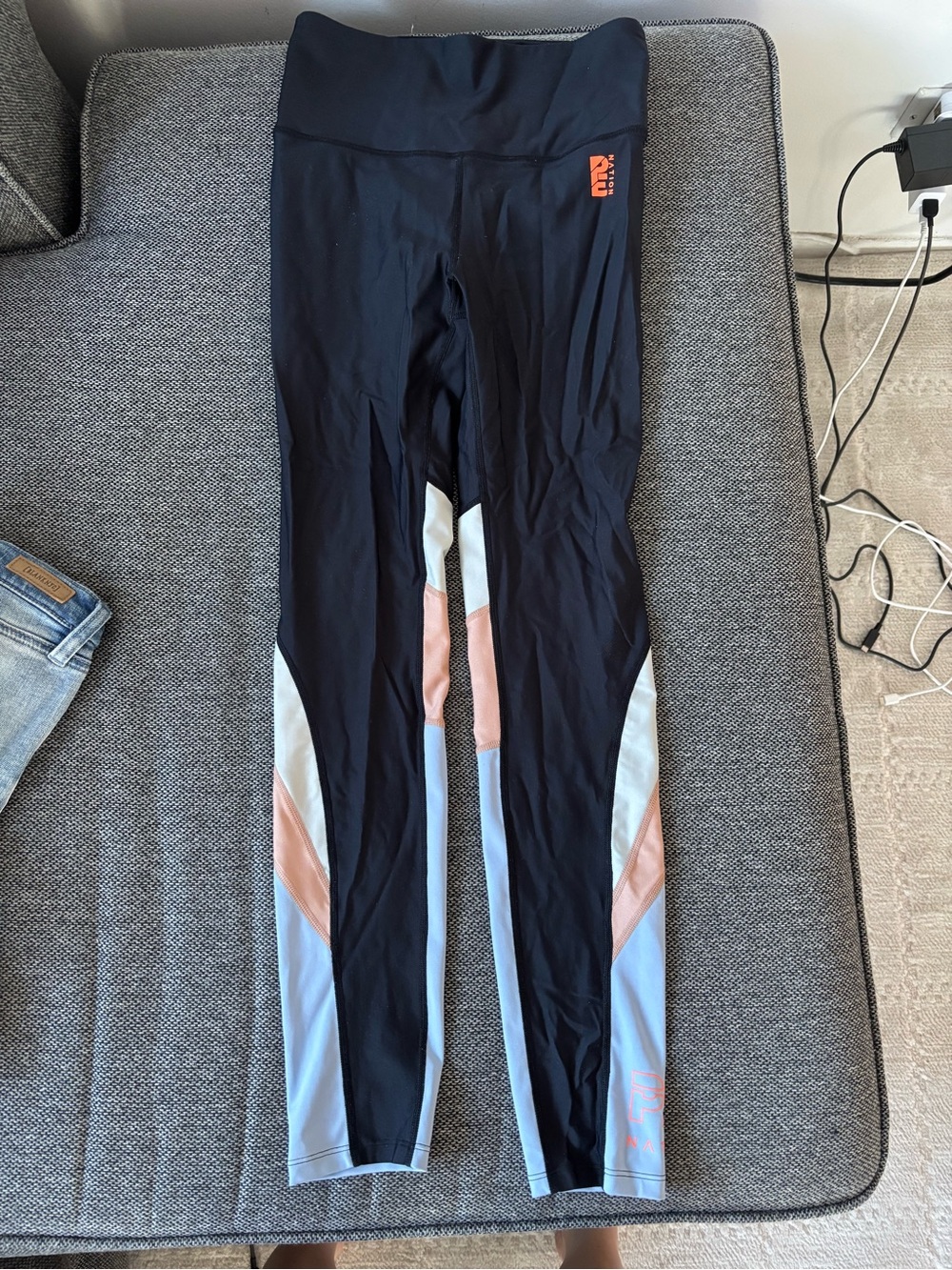 P.E Nation Black Leggings with Peach & Light Blue Colorblock